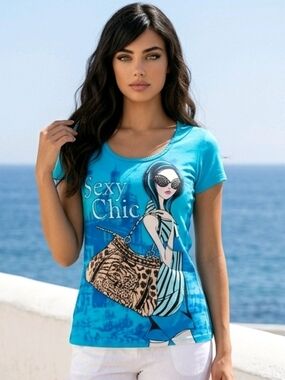 📣 Sexy Chic Unique Blinged Out T-Shirt Stretch  🆕 Tags Size Large Super Cute